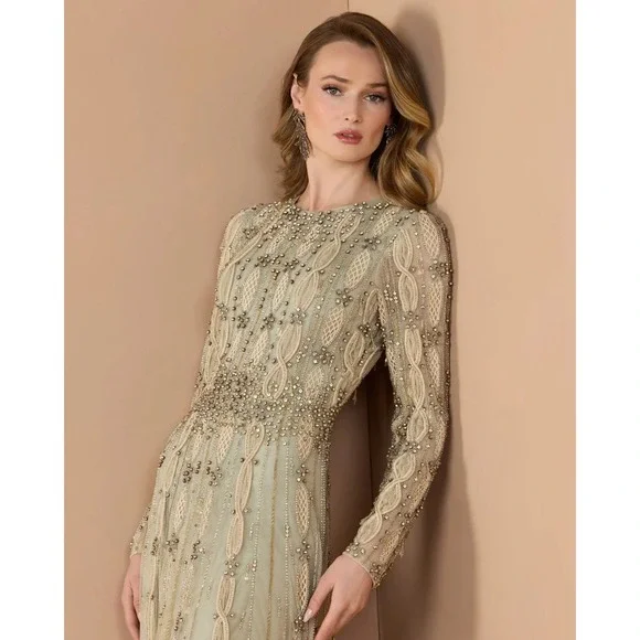 Mac Duggal NEW Embellished Mesh Long Sleeve A Line Gown Nude Sage $1,798 Size 10 - Picture 4 of 16